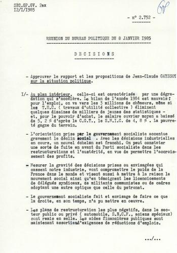 Réunion du bureau politique du 8 janvier 1985, décisions ; archives de direction du P.C.F., MSH de Dijon 